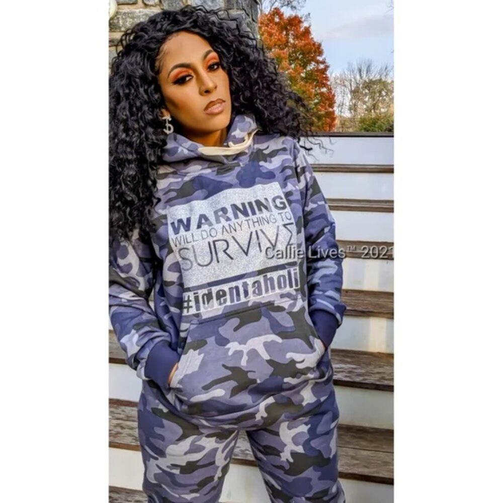 Medium Callie Lives Miz Survivor Navy Camo Warning Hooded Sweatshirt blue fleece